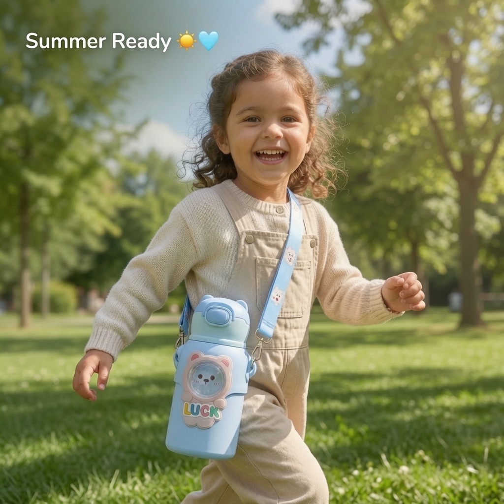 Child wearing TinyHug Luck Blue bottle outdoors