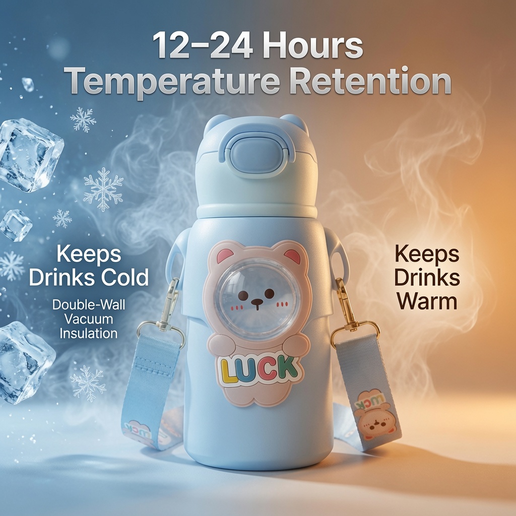 TinyHug Luck Blue insulated bottle temperature retention infographic