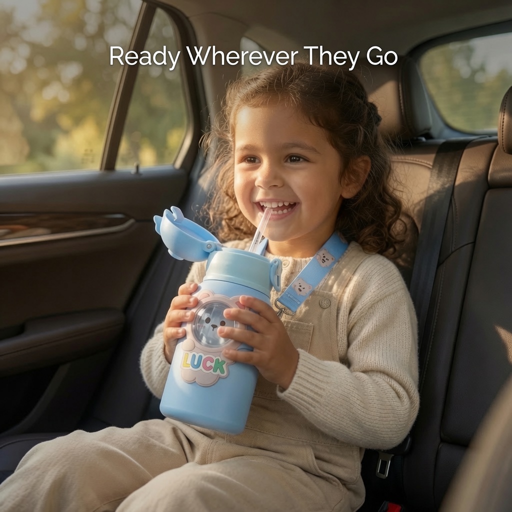 Child drinking from TinyHug Luck Blue bottle while traveling