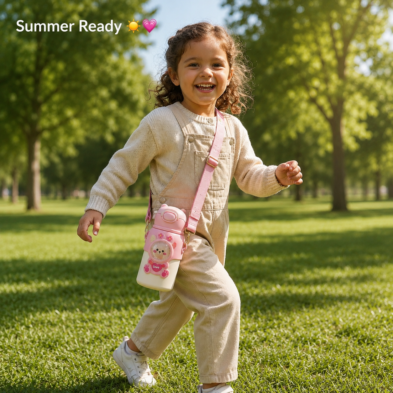 Child wearing TinyHug Love Pink bottle outdoors