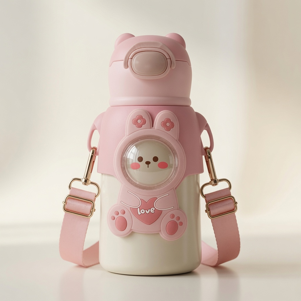 TinyHug Love Pink kids insulated bottle front product view